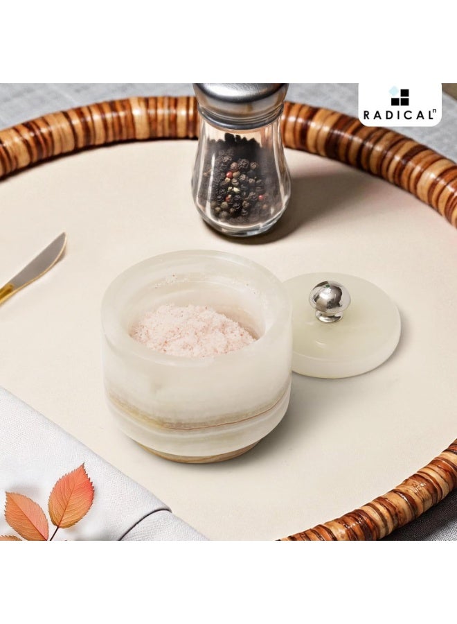 راديكالن وعاء ملح رخامي من راديكالن بغطاء، مصنوع يدويًا من العقيق الأبيض، مقاس 3 بوصات، مناسب لسطح المطبخ، مثالي لوضع التوابل، ووعاء الملح، وحاوية التوابل لملح البحر الخشن. - Image 5